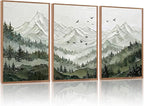 KAlRNE Natural Mountain Framed Canvas Wall Art Set of 3(16”X24”),Textured Sage Green Wall Decor,Neutral Watercolor Forest Picture Snowy Landscape Art Prints For Living Room Bedroom Office