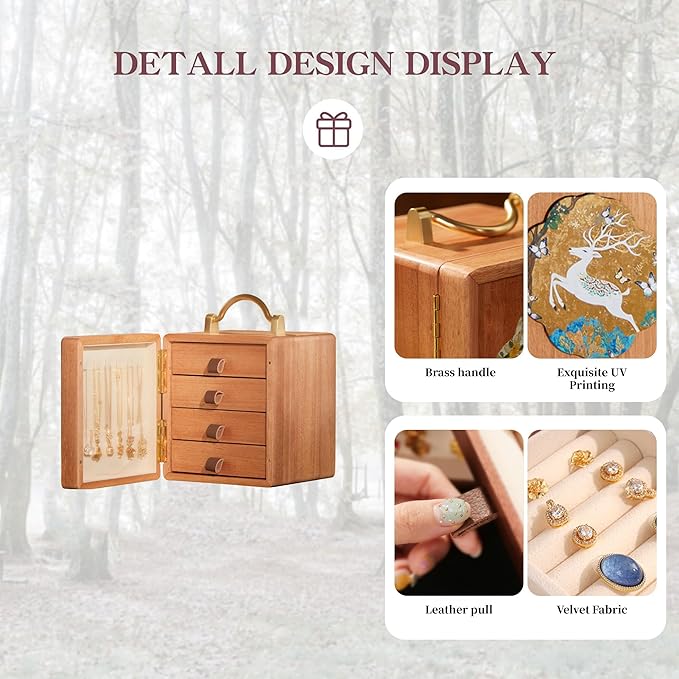 Wooden Jewelry Box for Women 4 Tier Walnut Wooden Jewelry Box with handle (White Deer Print A)