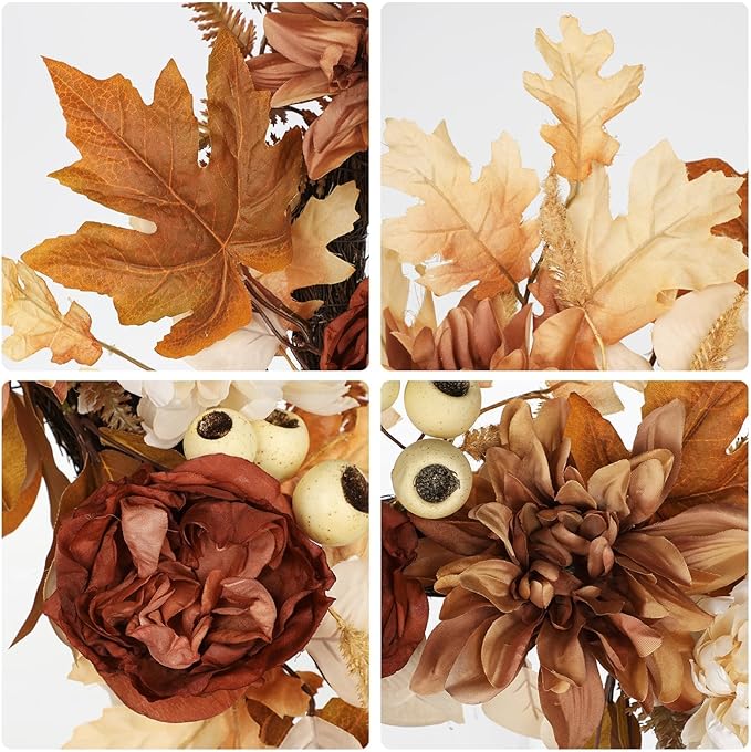 24 Inch Fall Brown Wreaths for Front Door Outside Autumn Wreath with Artificial Dahlia, Chrysanthemum, Rose, Berries & Leaves – Fall Door Wreath for Outdoor Indoor Thanksgiving Decor Terracotta