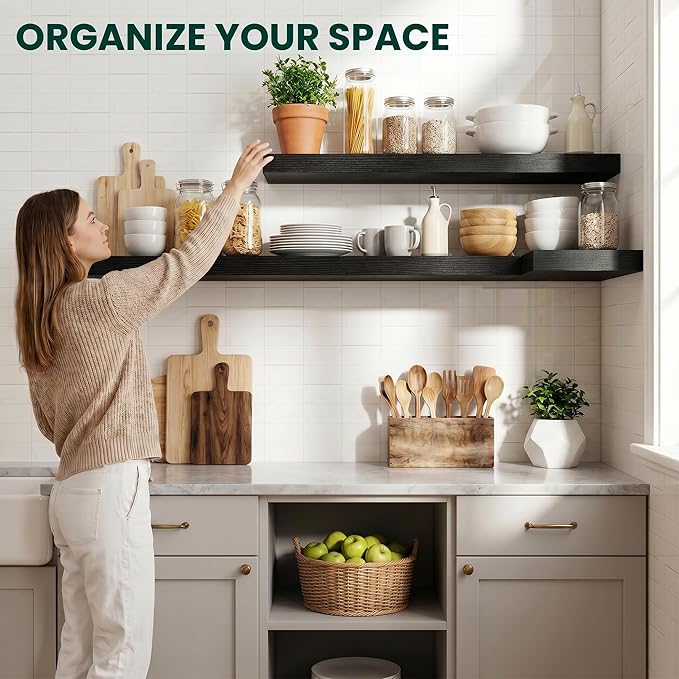 Floating Shelves for Wall 40 in x 9.3 in Deep, Wall Mounted Rustic Wood Shelf with Invisible Brackets for Storage & Display, Living Room Bedroom Bathroom, Black, 2 Pack