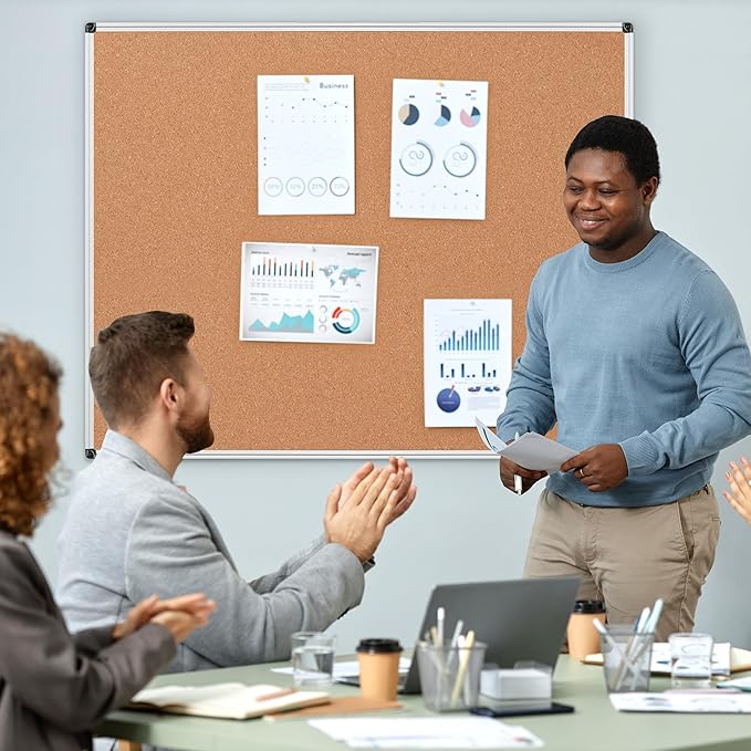 Extra Large Cork Bulletin Board 48" X 48", Silver Aluminum Framed 4'x4' Corkboard for Wall, Wall Mounted Notice Pin Board with 18 Push Pins for School, Home & Office
