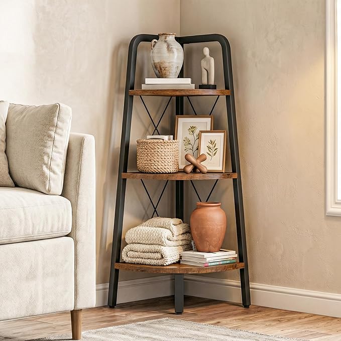 HOOBRO Corner Shelf, 3-Tier Corner Shelf Stand, 40” Tall Ladder Bookshelf, Industrial Corner Display Shelf Plant Stand for Living Room, Kitchen, Home Office, Rustic Brown BF143CJ01