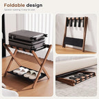 26.77" Full Assembled Luggage Rack for Guest Room, Set of 1 Bamboo Foldable Suitcase Stand, Bedroom & Hotel, Folding Luggage Holder with 5 Nylon Straps, 600D Oxford Fabric Shelf Walnut