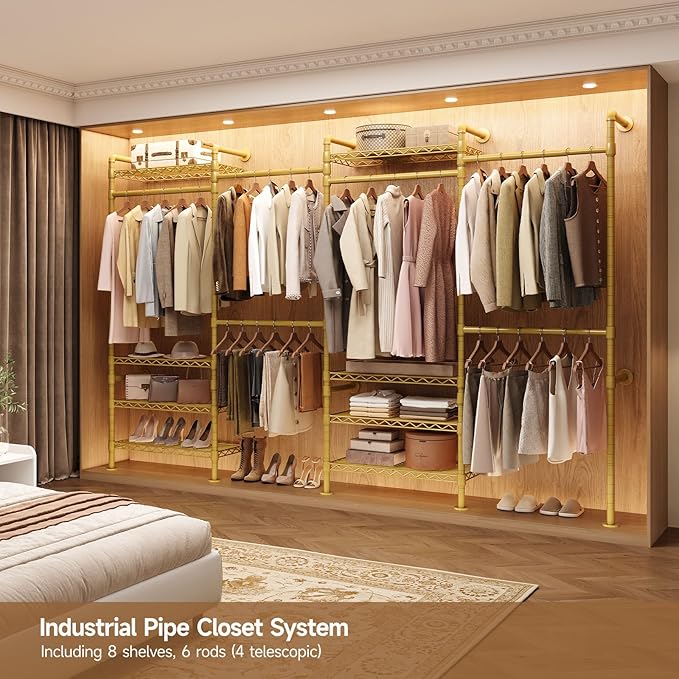 Wall Mounted Garment Rack, Industrial Pipe Metal Clothing Rack with 6 Hanging Rods (4 Expandable) & 8 Shelves, Closet Organizers and Storage System for Bedroom, Walk in Closet