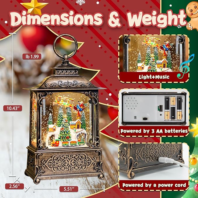 Christmas Snow Globes Lantern, Santa Claus & Train Christmas Decorations Indoor, 6H Timer Battery & USB Powered Light Up Musical Snow Globes for Kids Women Adults Gift Thanksgiving Home Decor