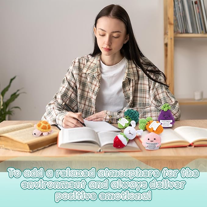 VioraWhite 18 Pcs Emotional Crochet Bulk Desk Accessories,Positive Handmade Fruit Vegetable Support Knitted Decorations with Cheer Cards, Motivational Appreciation Gifts for Coworkers Staff Adults