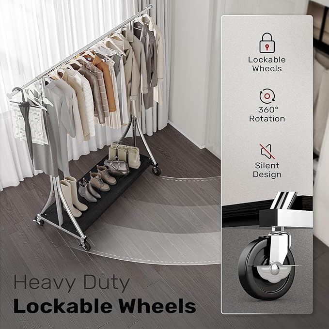 MAXLEAD Clothes Rack, Clothing Rack with Wood Shelves 500 LBS Heavy Duty Garment Rack for Hanging Clothes Portable Closet Sturdy Coat Rack for Bedroom, Living Room, Laundry, Balcony, Silver