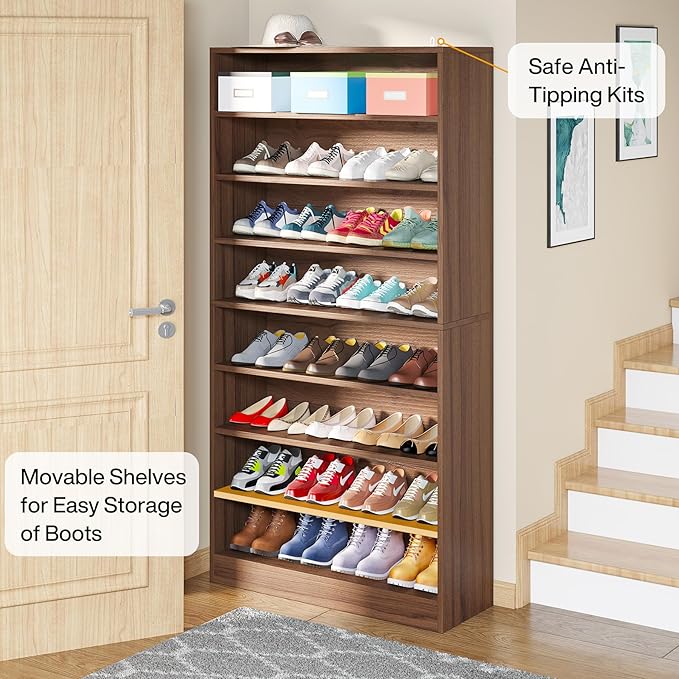 Tribesigns Tall Shoe Cabinet, 9 Tiers 40-45 Pairs Heavy Duty Wood Freestanding Shoe Storage Cabinet, 70.8'' Tall Shoe Cabinet with Open Storage for Entryway (1, Brown)