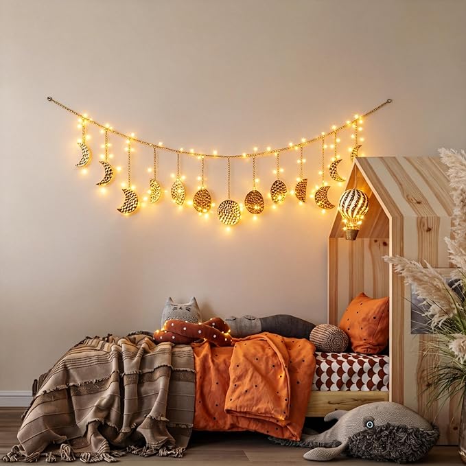 Boho Moon Phase Wall Hanging, Gold Hammered Metal LED Celestial Garland for Bedroom Witchy Home Christmas Decor