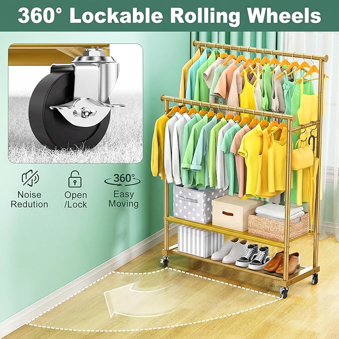 Double Rods Clothes Rack for Hanging Clothes, Heavy Duty Rolling Clothing Rack with Wheels, Freestanding Garment Racks with Oxford Bottom Shelf and Mesh Bottom Shelf for Bedroom Laundry Living Room