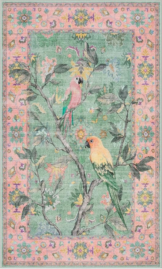 Lahome Botanical Birds Washable 3x5 Pink Living Room Bathroom Rugs for Entryway, Vintage Soft Non Slip Indoor Throw Carpet for Nursery Bedroom Classroom