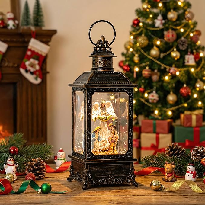 Christmas Snow Globe Swirling Glittering Angel & Nativity Scene with Music, USB Lined/Battery Operated Lighted Water Lantern for Christmas Festival Decoration Gifts