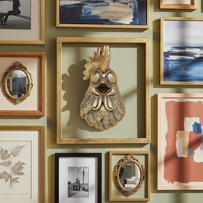 Newinhome Animal Heads Wall Decor (Includes Metal Frame) Resin Animals Sculptures Head Wall Hanging Decoration Gold vintage Wall Sculpture for Living Room Bedroom Office(Rooster)