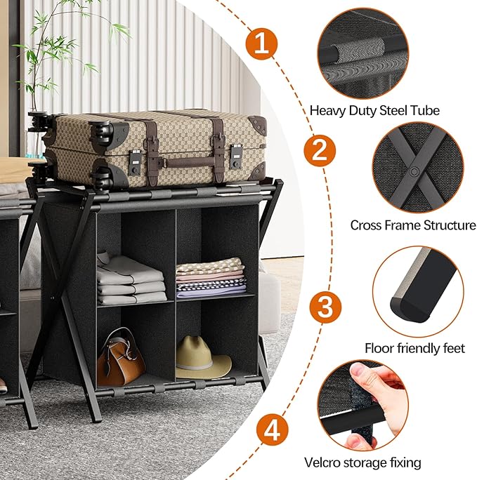 Luggage Rack for Guest Room, Set of 2, Folding Suitcase Stand with Fabric Storage Shelf, Luggage Holder, Steel Foldable Luggage Stand for Guest Room, Bedroom, Hotel, Black