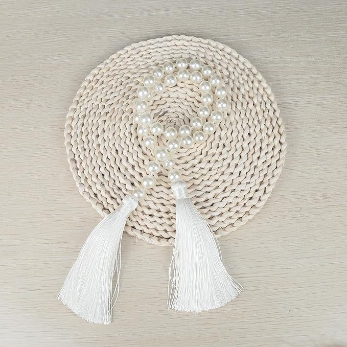 34 Inch Pearl Glass Bead Garland with Tassels - Elegant Boho Table Decor, Fringe Wall Hanging for Wedding, Party, Farmhouse Rustic Prayer Bead Home Decoration (White, 1 Pack)