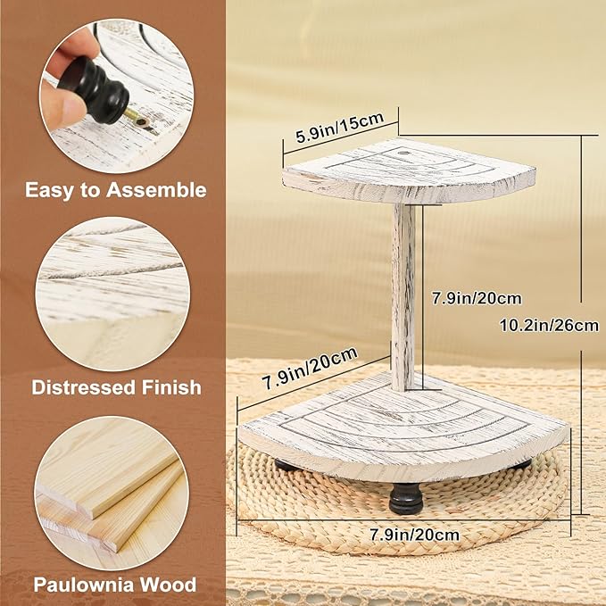 Tikea Decorative Wood Riser for Display, 2-Tier Farmhouse Corner Shelf for Kitchen Bathroom Counter Decor, Farmhouse Riser for Soap Dispenser, Decorations and Plant (White)