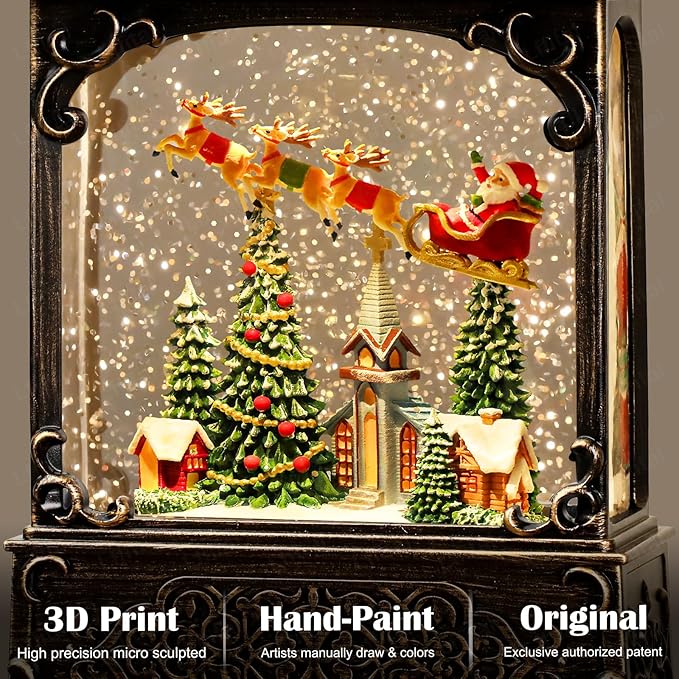 Christmas Snow Globes Church Snow Globe Lantern, Lighted Christmas Decorations Indoor for Home with Music Timer Glitter, Santa Claus Reindeer, Home Decor, USB & Battery Operated 10.4 inch