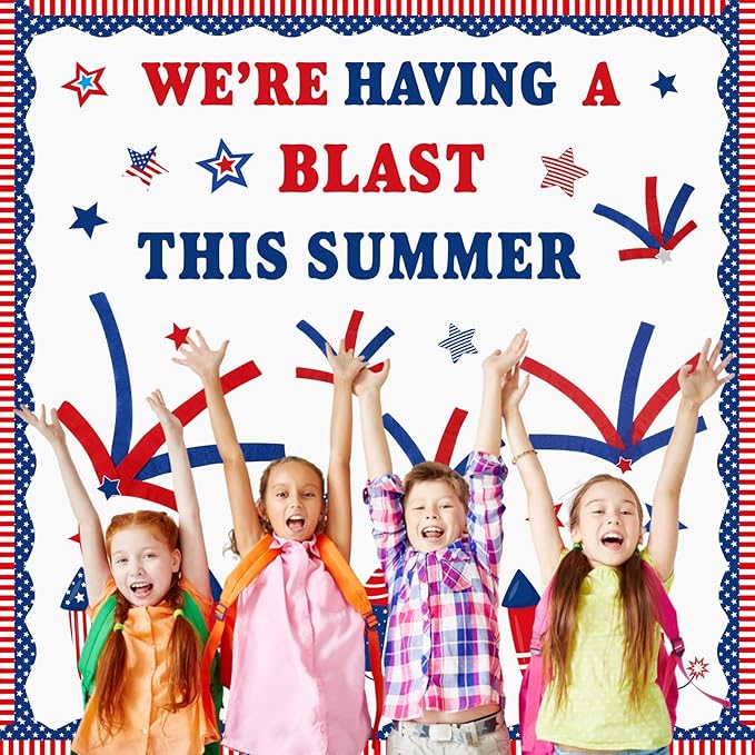 Epakh 4th of July Bulletin Board Decorations Set DIY Patriotic Fireworks Cutouts with Red Blue Crepe Paper Rolls, Independence Day Classroom Decor for Door Wall Summer School Home Supplies