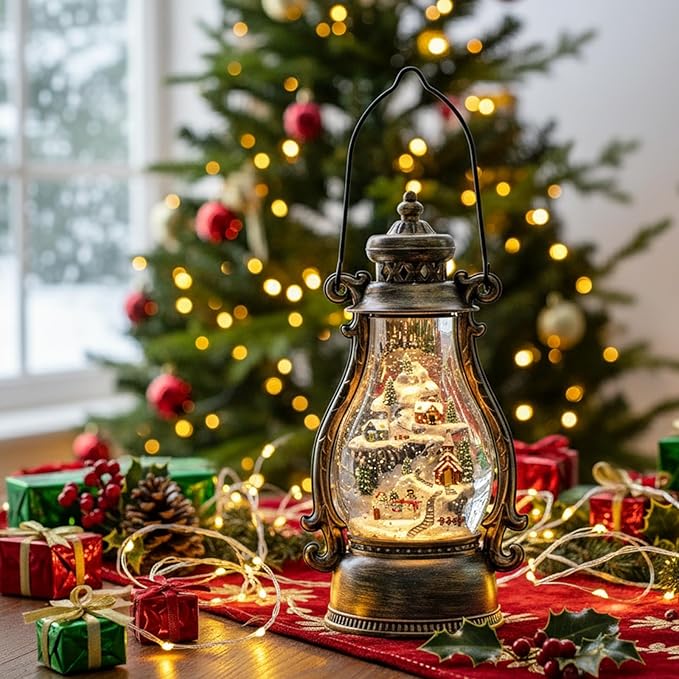 14.2" Christmas Village Buildings Tall Snow Globe Lantern Water Glittering Snowman Family with Music & Timer, USB Lined/Battery Operated Lighted Lantern for Christmas Festival Decoration Gifts
