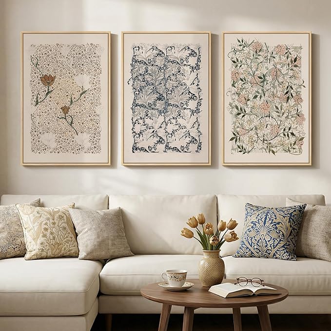 Large Framed William Morris Wall Art Set of 3, Vintage Neutral Botanical Floral Canvas Prints, Boho Nature Wall Decor for Living Room Bedroom Hallway Office, 24x36 Inch