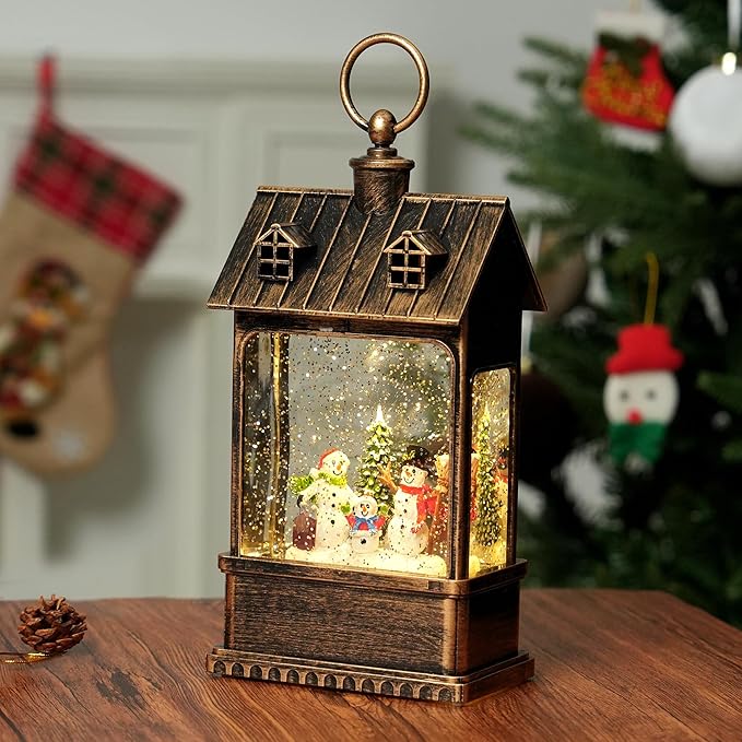 Christmas Snow Globe Lantern Water Glittering Snowman Family with Music, USB Lined/Battery Operated Lighted Lantern for Christmas Festival Decoration Gifts