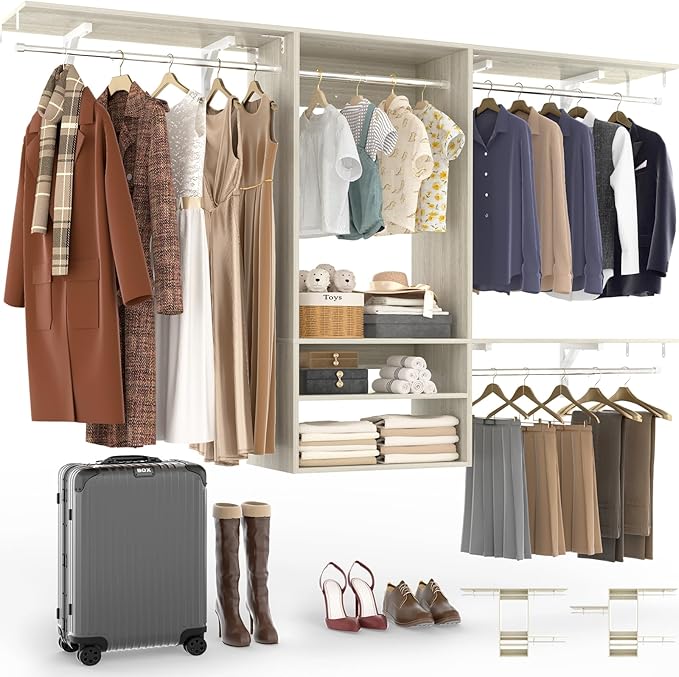 8FT Hanging Closet System, 96 Inch Closet Organizer System with Hanging Rod, Walk In Mounted Closet System, Built-In Clothes Garment Rack with 3 Shelving Towers(Can Be Cut To Fit), Oak
