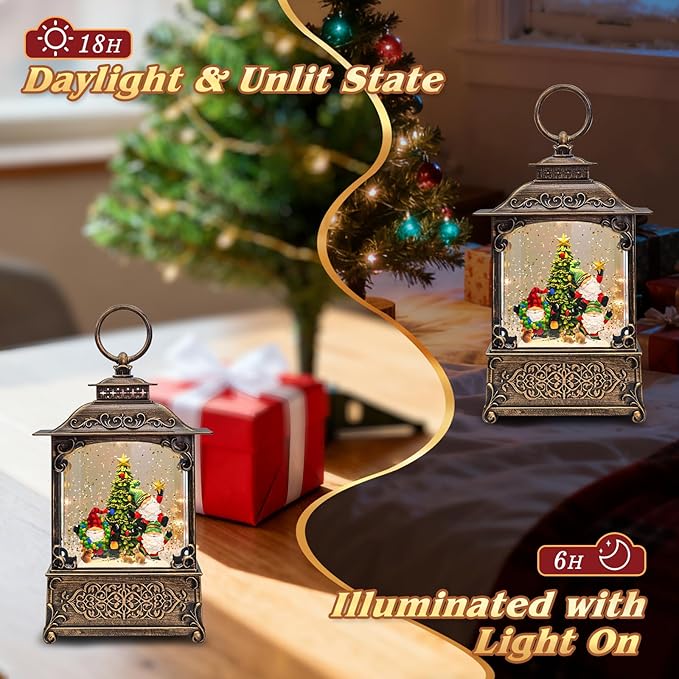 Musical Elf Christmas Tree Snow Globe - Electric Plastic Christmas Snow Globe Lantern, Lighted Glitter Globe with Swirling Sparkle and LED Lights, Holiday Decoration and Xmas Gift