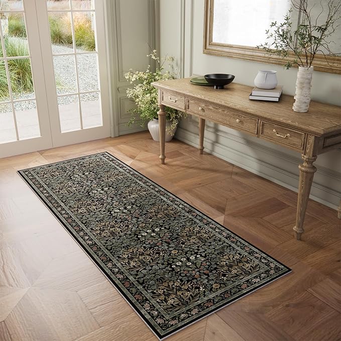 Vintage Floral Area Rug Runner 2x6 Washable Ultra-Thin Boho Carpet for Hallway, Kitchen, Bedroom, Bathroom, Laundry Room