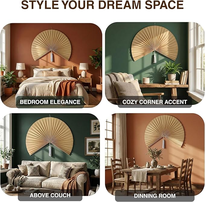 Chicvillage Boho Wall Decor 60", Bedroom Wall Decor for Above Bed, Aesthetic Wall Decor Bamboo Fan Art, Large Woven Headboard, Hook Included (Beige)