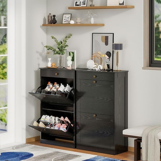 Shoe Storage Cabinet with 2 Flip Doors Set of 2, Wooden Narrow Shoe Cabinet Organizer with Drawer, Freestanding Hidden Shoe Rack with Adjustable Shelf for entryway, Hallway, Living Room, Black