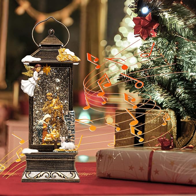 12" Christmas Snow Globe Lantern with Nativity and Angel - Water Glitter LED Light Musical Lantern with Exterior Decor - Vintage Xmas Gifts - USB Plug or Battery Operated Home Decor(Angel & Nativity)