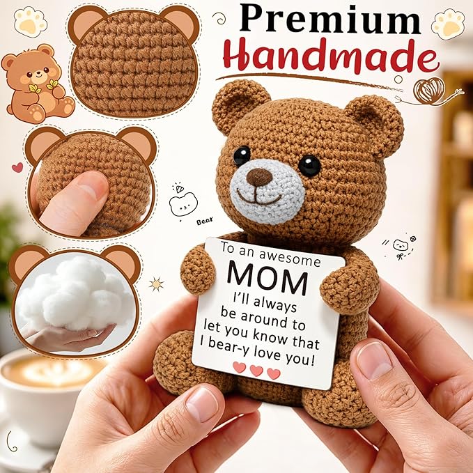 WELLBANEE Birthday Gift for Mom from Daughter, Cute Crochet Bear, Thoughtful Present for Mother, Mama, Mommy, Women, Small Emotional Keepsake for Home, Bedroom, Kitchen Shelf