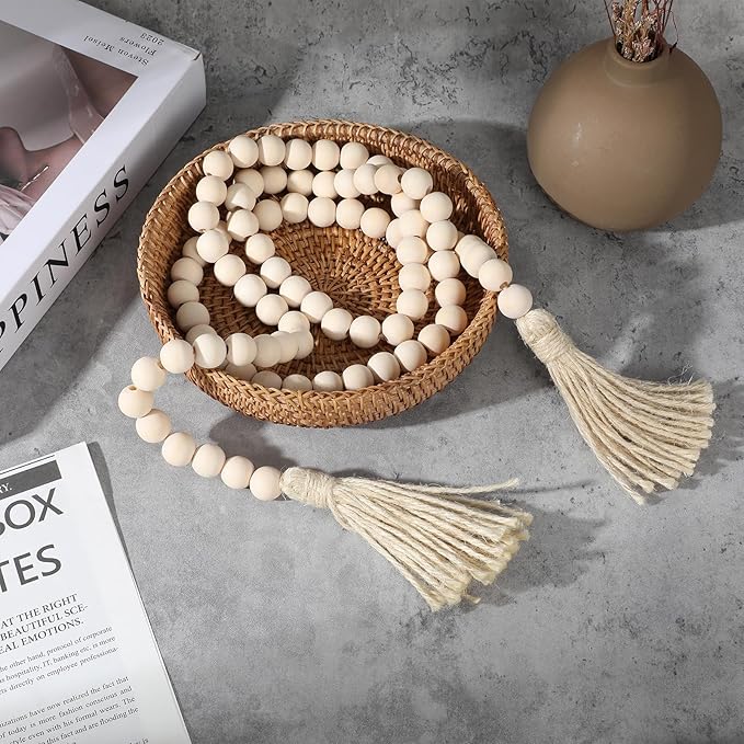 Farmhouse Beads 59 Inch Wood Bead Garland, Decorative Beads Boho Decor with Tassels Wall Hanging Home Decor Rustic Country Decoration Prayer Bead for Dining Table, Shelf, Bedroom (Natural)