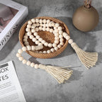 Farmhouse Beads 59 Inch Wood Bead Garland, Decorative Beads Boho Decor with Tassels Wall Hanging Home Decor Rustic Country Decoration Prayer Bead for Dining Table, Shelf, Bedroom (Natural)