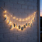 Boho Moon Phase Wall Hanging, Silver Hammered Metal LED Celestial Garland for Bedroom Witchy Home Christmas Decor