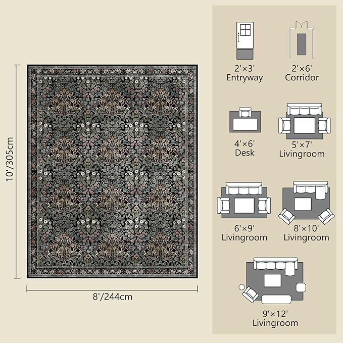 Traditional Design Vintage Floral Area Rug 8 x 10,Washable Area Rugs - Perfect for Living Room, Bedroom, Kids Room, Nursery - Stain & Water Resistant Non-Slip, Dining Room Decor
