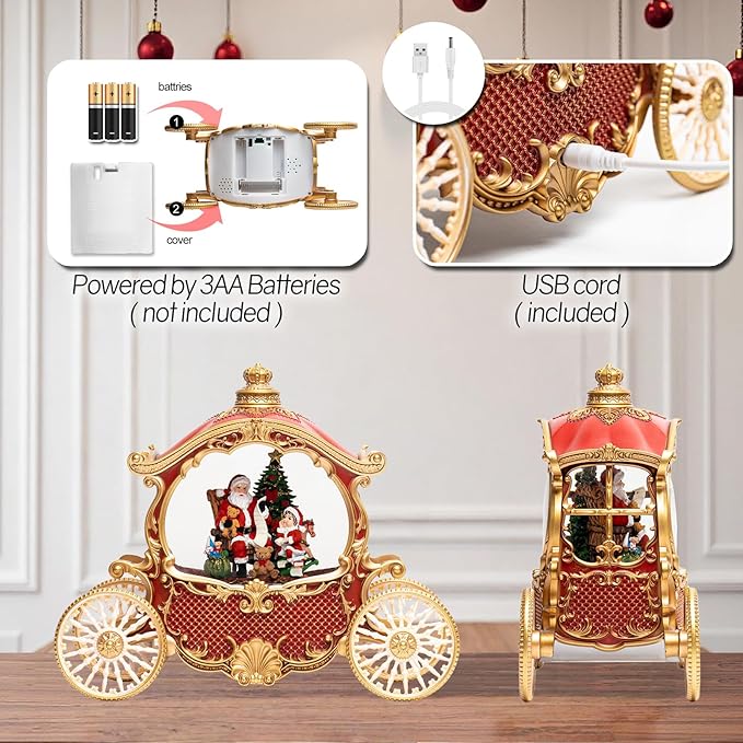 Christmas Red Carriage Snow Globe Lantern with Gift Box - Santa Scene Water Lantern with Glitter Snow - Musical Holiday Decor with LED Lights - Battery Or USB Cable Powered Operated (Red with gold)