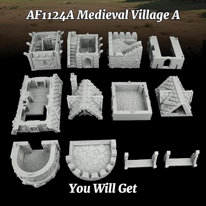 RPG Terrain Medieval Village Cottage – Unpainted 25mm Scale 3D Printed Scenery for Dungeons and Dragons, Trench Crusade Tabletop Map Props – Medieval Village A (AF1124A)