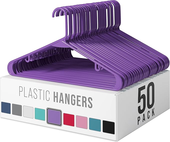 Plastic Hangers 50 Pack Purple - Clothes Hangers - Makes The Perfect Coat Hanger and General Space Saving Clothes Hangers for Closet - Percheros Ganchos para Colgar Ropa Hangars