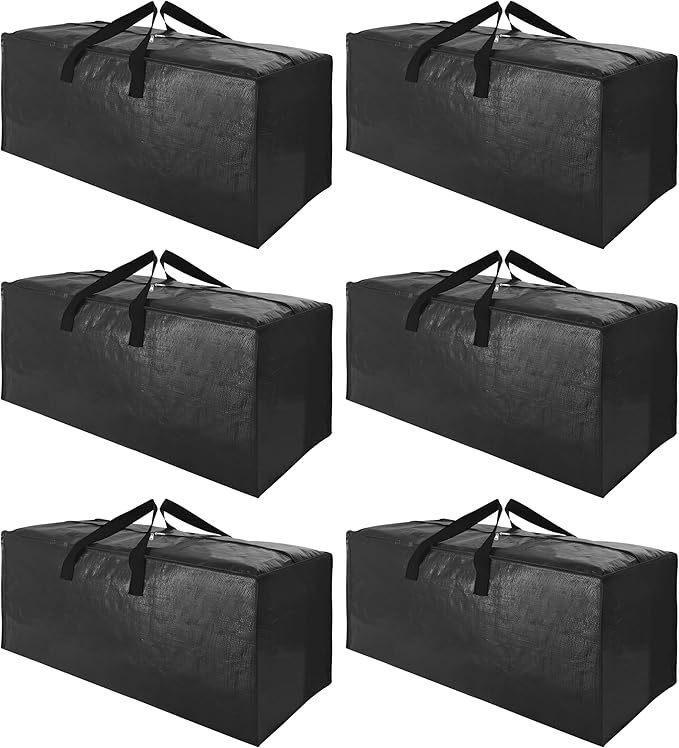 SWEET DOLPHIN 6 Pack Extra Large Moving Bags with Strong Zippers & Carrying Handles, Heavy Duty Storage Tote for Space Saving Moving Storage, Fold Flat, Alternative to Moving Box, Black