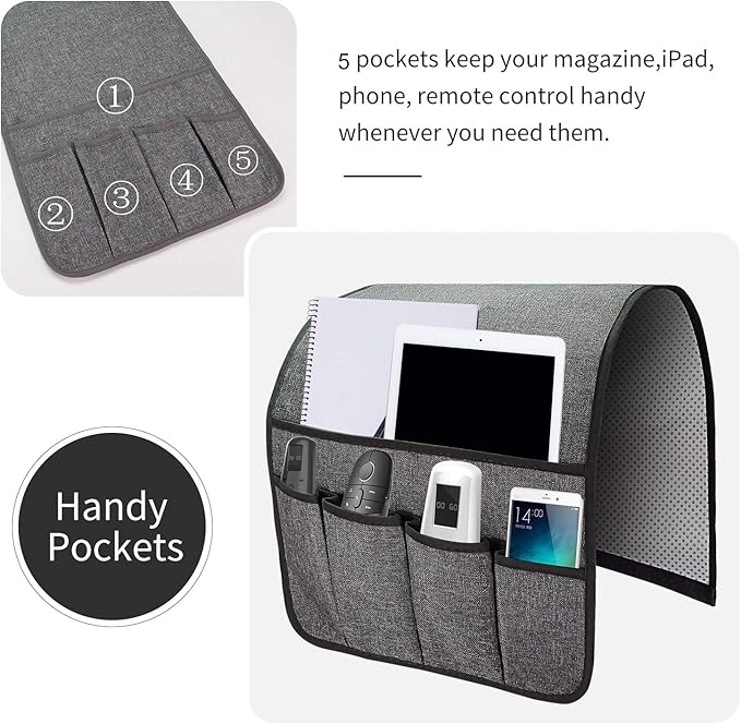 Sofa Armrest Organizer, Remote Control Holder for Recliner Couch, Arm Chair Caddy with 5 Pockets for Magazine, Tablet, Phone, iPad