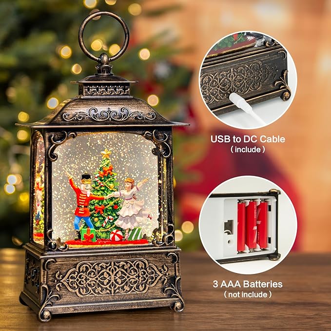 Christmas Snow Globes Lantern with The Nutcracker Music, Nutcracker Snow Globe with Swirling Glitter Effects, USB/Battery Powered with 6-Hour Timer, Christmas Decorations