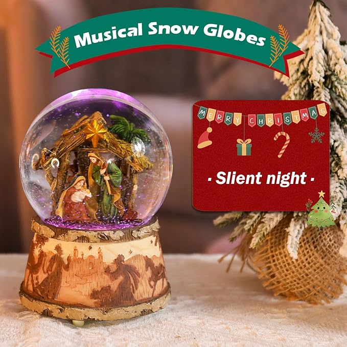Christmas Snow Globe Musical - Nativity Snowglobes Water Snow Globes with 5 Colors Change LED Light Music Box Home Christmas Decor for Kids Wooden