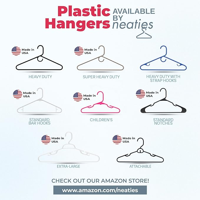 Neaties Plastic Hangers 30 Pack – Made in The USA – 6lb Capacity Standard Clothes Hangers with Strap Hooks for Dresses, Lingerie, Shirts, Pants, and Jackets – White & Black
