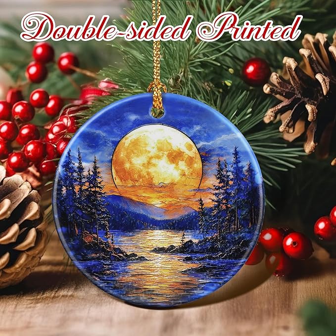 Christmas Ornaments, 2.8 Inch Ceramic Hanging Ornament, Christmas Tree Ornaments, Xmas Decorations, Holiday Decorations, Holiday Party Gifts, and Xmas Gift Ideas - Full Moon Over Forest Lake