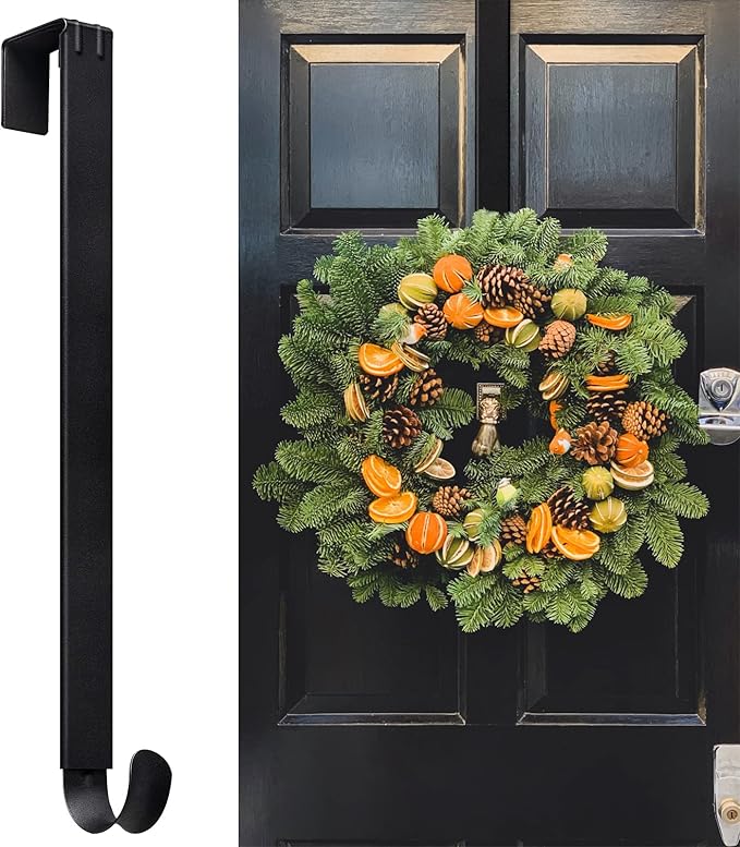 Wreath Hanger Adjustable Door Hanger Wreath Hanger for Front Door 15 to 24inch,Wreath Hook, Hold Up 20lb (Black,1 Pack)