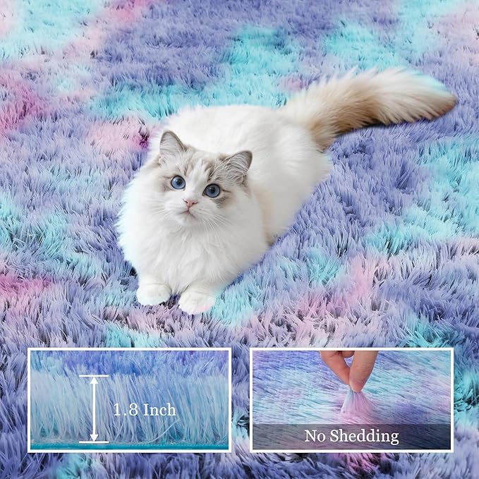 Fluffy 5x7 Area Rugs for Living Room Bedroom: Ultra Soft Shag Rug Non-Slip Non-Shedding Small Plush Bedside Rug Indoor Floor Carpets for Kids Room Playroom Entryway Nursery Dorms Home Rainbow Purple