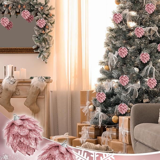Jetec 8 Pieces Christmas Ornaments Glitter Christmas Tree Hanging Decoration Decorative Artificial Pine Cones Flowers Hanging Ornaments for Winter Wreath Holiday Decor(Rose Gold)