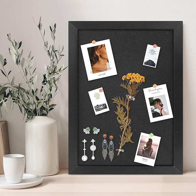 AKTOP Black Cork Board with Linen 16.7" X 11", Small Framed Bulletin Board for Wall, Hanging Pin Board Picture Board for Home Office Decor, Cute Vision Board with 8 Pushpins