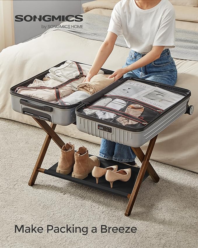 SONGMICS Luggage Rack, Folding Suitcase Stand with Storage Shelf, for Guest Room, Hotel, Bedroom, Heavy-Duty, Holds up to 131 lb, Walnut Brown URLR007D01